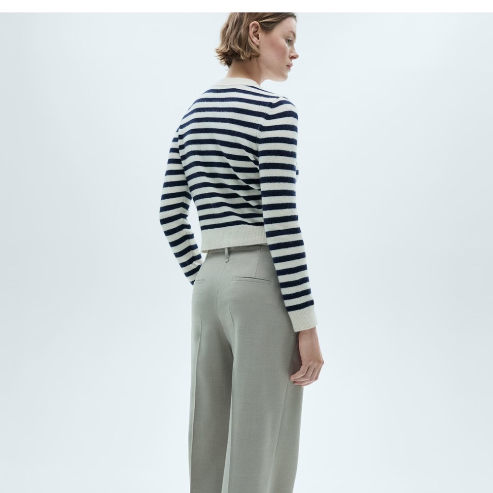 Mango Striped Knitted Cardigan Gold Jewel Buttons Navy Cream Size M Preppy EUC - Picture 2 of 13